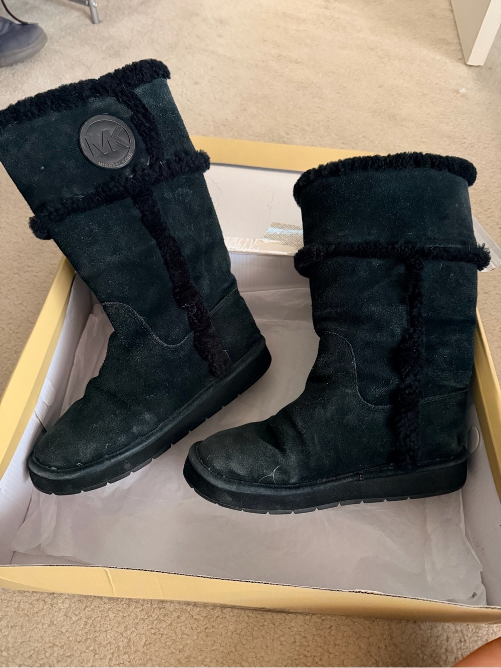 Michael Kors Black Suede Shearling-Trim Mid-Calf Boots